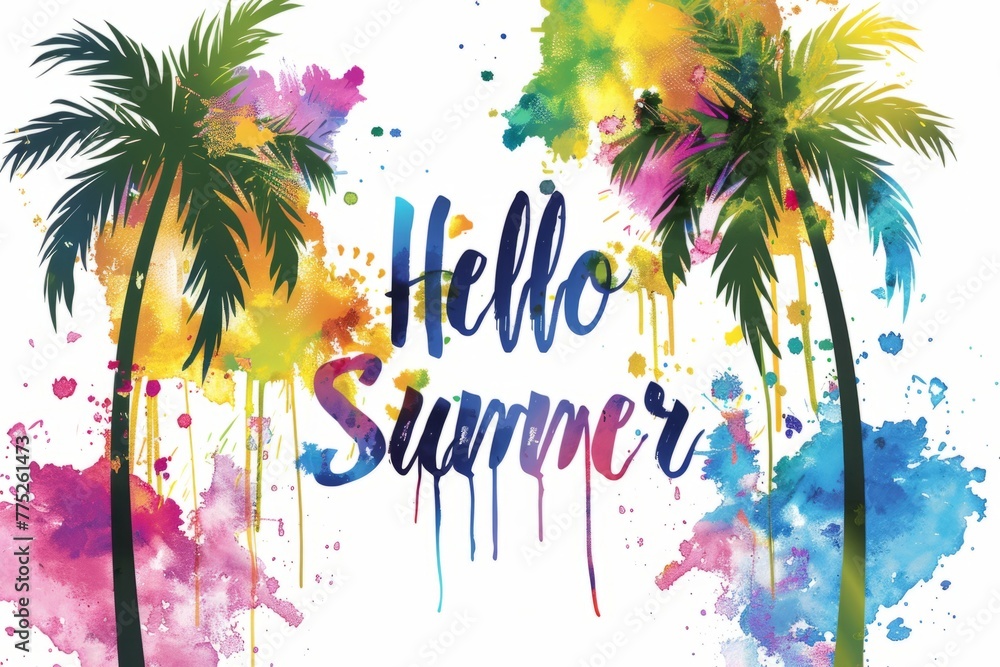 Poster a vibrant summer background featuring palm trees and watercolor splashes in bright colors with the t