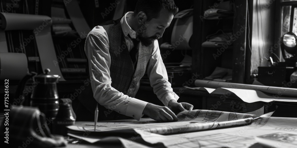 Poster a man in a vest and tie working on a piece of paper. suitable for business and office concepts