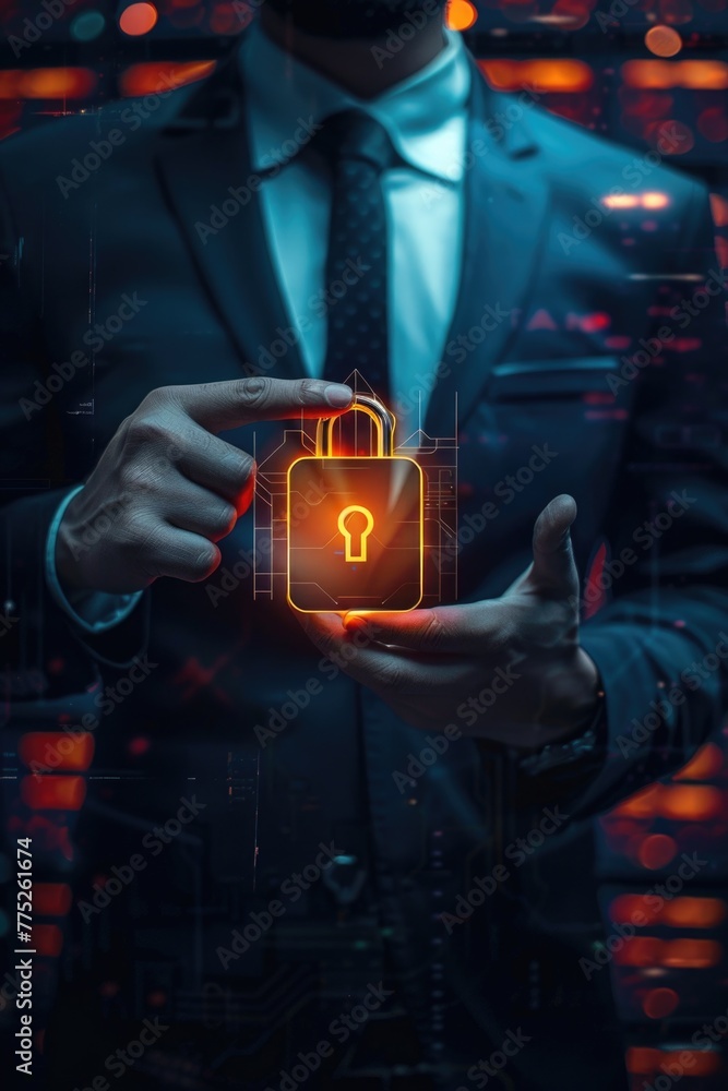 Poster a man in a suit holding a glowing padlock. perfect for cybersecurity concepts