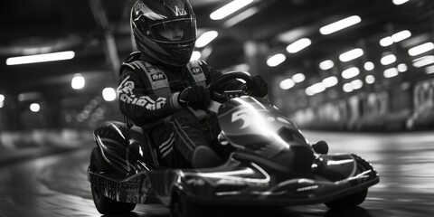 A black and white photo of a person riding a go kart. Perfect for sports or leisure concepts