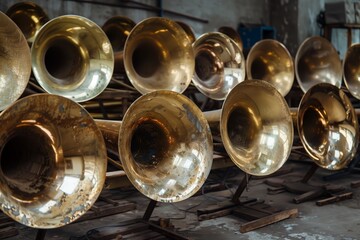 A row of brass musical instruments' bells reflecting light in a workshop environment