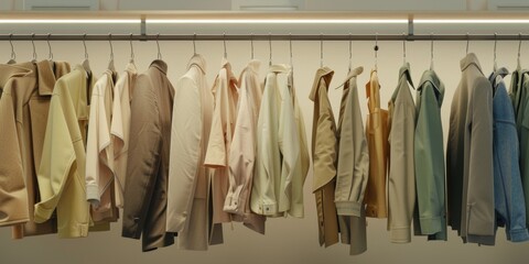 Row of men's shirts hanging on display rack. Perfect for clothing store advertisement