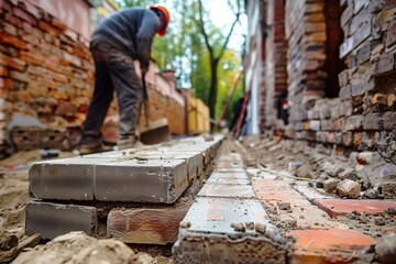 A low angle view of a worker carefully placing bricks to build a structure, depicting construction and skilled labor - obrazy, fototapety, plakaty