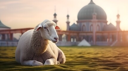 A sheep laying down in a field front of mosque. Eid-al-Adha, Ramadan and Eid Mubarak concept. Muslim Holidays