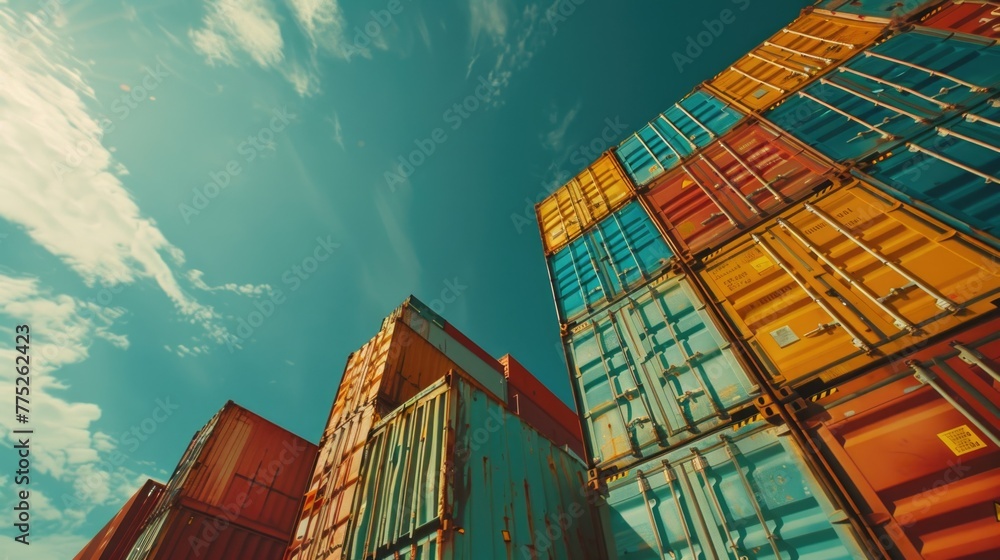 Poster colorful shipping containers stacked on top of each other. suitable for logistics and transportation