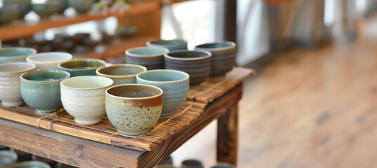 A warm, welcoming display of various colored pottery mugs neatly lined up on a wooden rack - obrazy, fototapety, plakaty