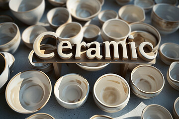 An artistic 3D rendering of the word 'Ceramic' amidst various white ceramic bowls scattered on a surface
