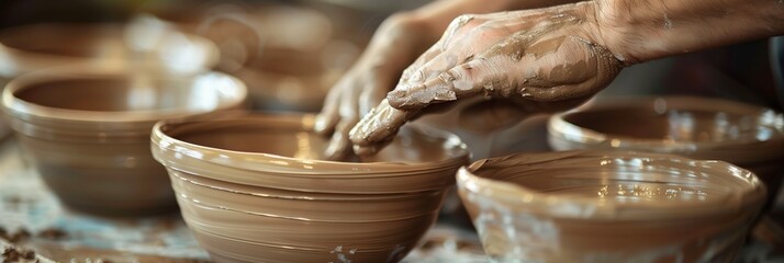 Close-up of a potter's hands molding clay into a pot on a spinning wheel, showcasing artistry and craftsmanship