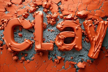 Vibrant orange 3D text spelling CLAY contrasts sharply against a cracked blue background in this image