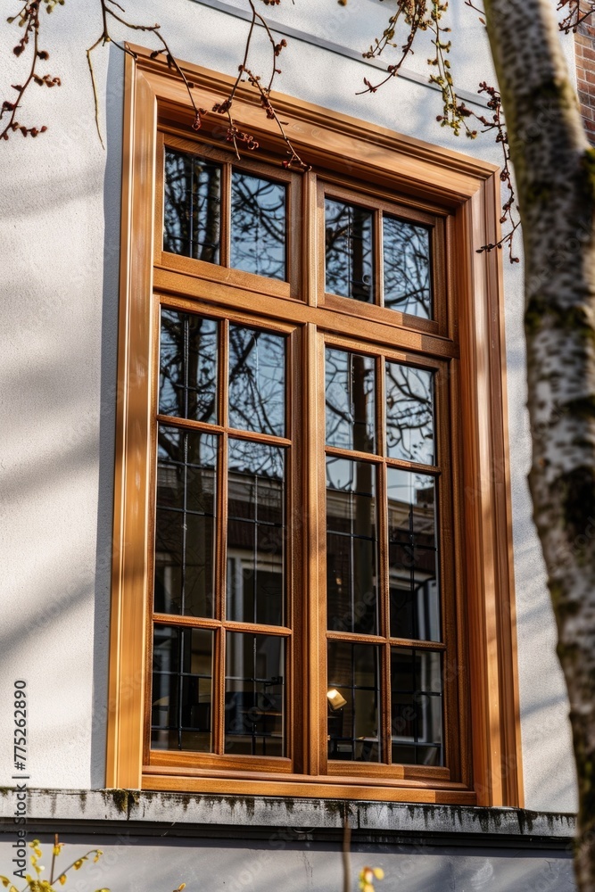 Aufkleber A wooden window on a white building with a tree in the foreground. Suitable for architectural and nature concepts