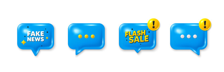 Offer speech bubble 3d icons. Fake news tag. Media newspaper sign. Daily information symbol. Fake news chat offer. Flash sale, danger alert. Text box balloon. Vector
