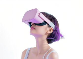 Side view photo of a young Asian woman wearing a VR device with purple hair and clothes, isolated white background