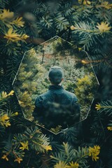 A man standing in a forest looking at himself in a mirror. Suitable for introspection or self-reflection concepts