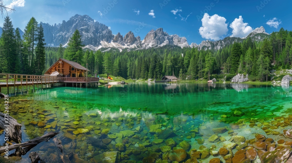 Poster scenic view of a lake with a dock and a cabin in the background. suitable for travel and nature them