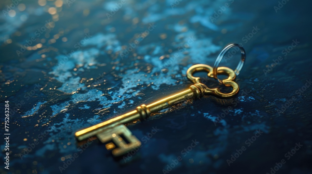 Aufkleber a golden key resting on a blue surface. suitable for various concepts