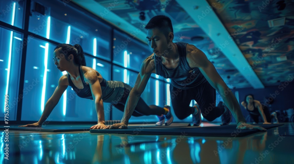 Poster people doing push ups in a gym. suitable for fitness and exercise concept