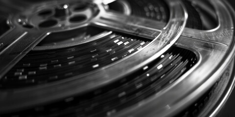 Black and white image of a film reel, perfect for nostalgic projects