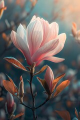 Blooming Magnolia Flower on Green Branch Generative AI