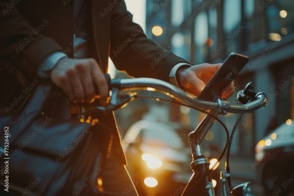 Poster A person riding a bike while using a cell phone. Suitable for lifestyle and technology concepts