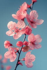 Delicate Pink Sakura Branch Floating Against Blue Sky Generative AI