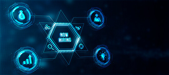 Internet, business, Technology and network concept. NOW HIRING inscription, modern technology business concept. 3d illustration