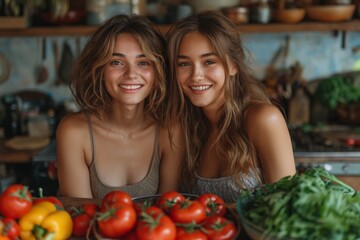 Two smiling and happy young women together in kitchen.