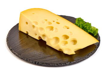 Emmental cheese, Swiss cheese, isolated on white background. High resolution image