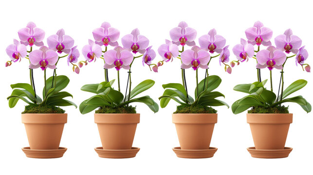Blooming Orchids in Terracotta Pots Isolated on White