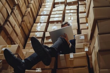 A man sitting on a pile of boxes using a laptop. Suitable for technology and remote work concepts - obrazy, fototapety, plakaty