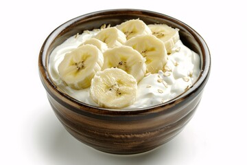 a bowl of yogurt with bananas and flakes - Powered by Adobe