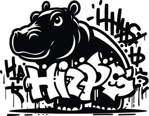 hippo, animal silhouette in graffiti tag, hip hop, street art typography illustration. 