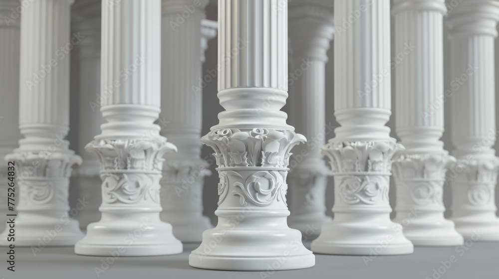 Poster row of white pillars with intricate designs, suitable for architectural projects