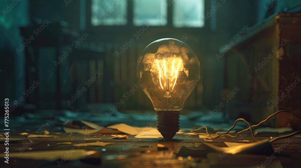 Poster A light bulb resting on a wooden table. Suitable for various concepts and projects