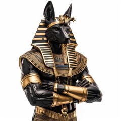 Anubis in regal attire, his jackal head symbolizing his role as protector of graves, isolated on an ultra-bright pure white background, no background - obrazy, fototapety, plakaty