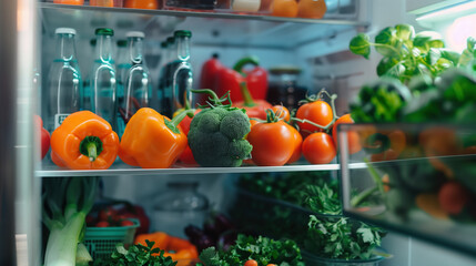 There are fresh juicy fruits and vegetables in the open refrigerator. An open refrigerator with healthy food. The products are on the shelves. Proper nutrition. A selective approach.