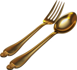 Elegant gold cutlery set cut out on transparent background