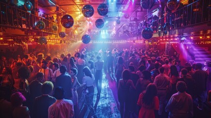 1970s disco club instant polaroid vibrant neon lights, lively crowd in detailed costumes
