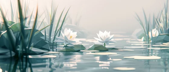 Foto op Canvas tranquil pond scene, with  water lilies and triangular reeds. © Bilas AI