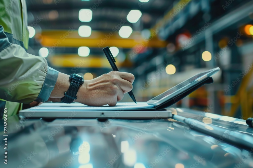 Poster a person writing on a piece of paper using a laptop. suitable for business or education concepts