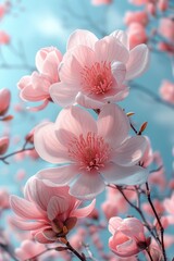 Fototapeta na wymiar Delicate Pink Magnolia Blossoms Amid Blue Sky and Wispy Clouds Generative AI
