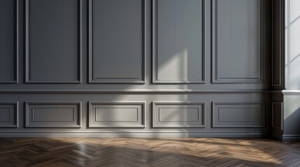 An empty room with a wooden floor and gray walls. Suitable for interior design concepts