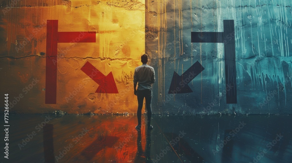 Poster A man standing in front of a wall with painted arrows. Suitable for business concepts