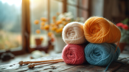 four fluffy wool skeins in autumn colors on the wooden table - obrazy, fototapety, plakaty