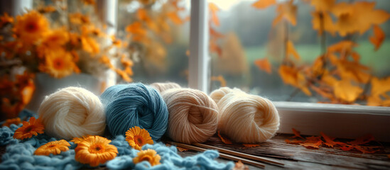 four fluffy wool skeins in autumn colors with orange gerberas - obrazy, fototapety, plakaty