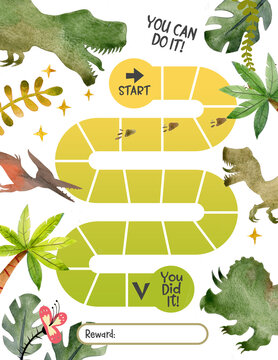 Dinosaur reward chart for boys and girls. Cute dinosaur. Table of behavior and routine work of kids. illustration