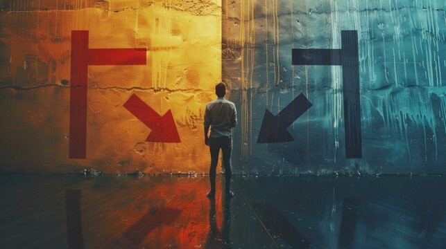 A man standing in front of a wall with painted arrows. Suitable for business concepts