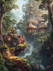 Obraz premium Imagine a captivating scene of fairy villages tucked away in enchanting forests Infuse the panoramic view with mystical elements, vibrant colors, and intricate details 