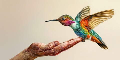 Obraz premium A vibrant hummingbird perched on a person's hand. Perfect for nature and wildlife concepts