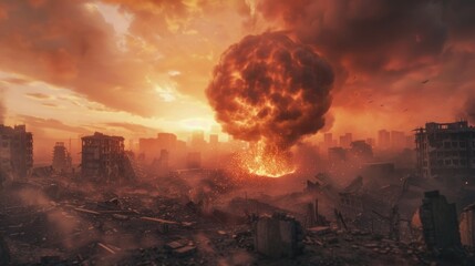 A large explosion in a city. Suitable for news articles or disaster preparedness materials - obrazy, fototapety, plakaty