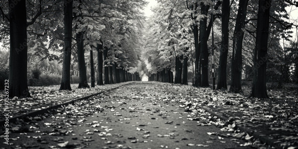 Poster a serene black and white image of a tree lined path. perfect for nature and landscape themes